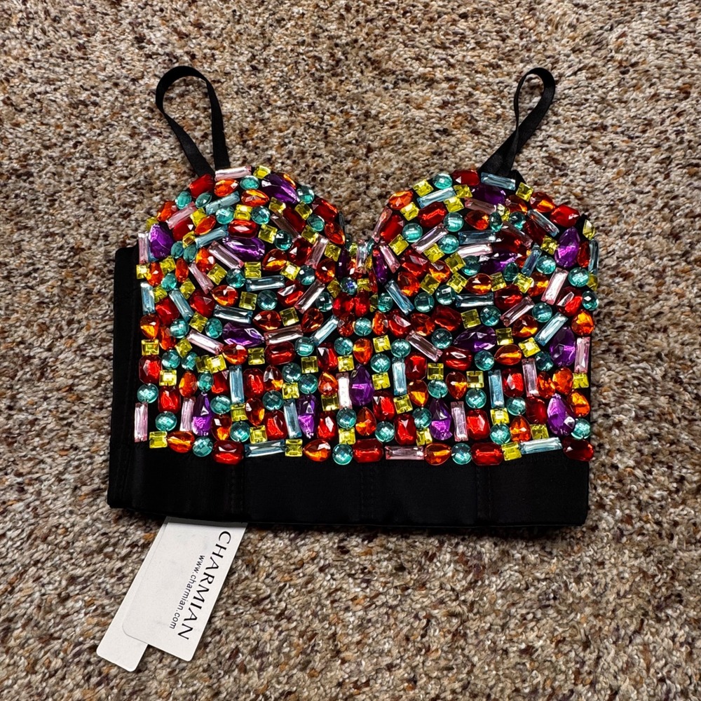 Charmian Womens Multicolor Jewel‎ Encrusted Bustier Crop Top Black Size S NEW